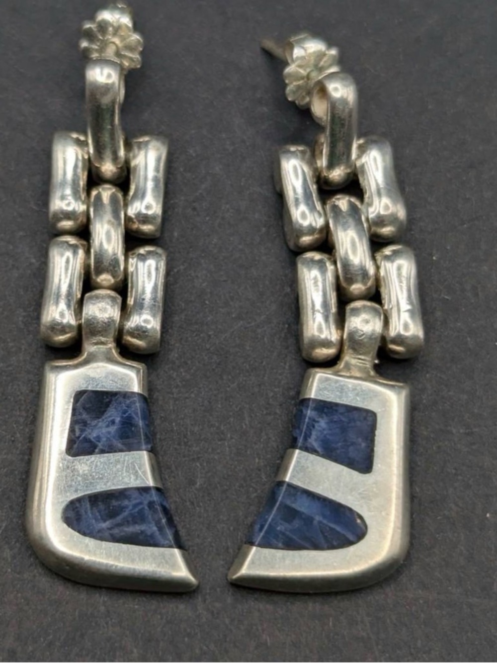 Vintage Taxco Mexico Sterling Silver Sodalite Inlay Dangle Earrings TS-101 21g
